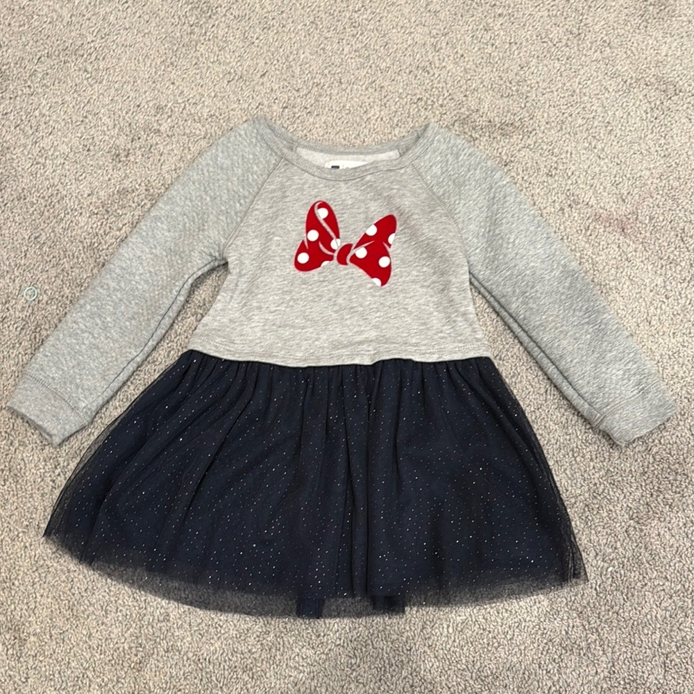 Girls Grey Sweatshirt Dress with Red Polka Dot Bow and Navy Tulle Skirt